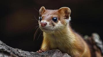 A brown squirrel with large eyes sits atop a tree limb. photo