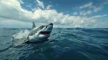 Shark swimming through the ocean, captured from a surface view. photo