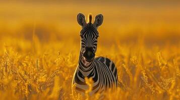 A zebra standing in a golden wheat field, looking to the side. photo