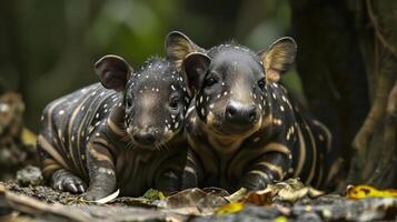 Two baby hippos playfully peeking over some fallen logs, surrounded by forest greenery. photo