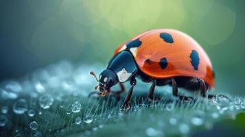 A vibrant red ladybug standing on droplets of water, creating a refreshing morning scene. photo