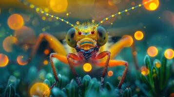 A colorful close-up of a ladybug with glowing spots and yellow markings, sitting on grassy ground. photo