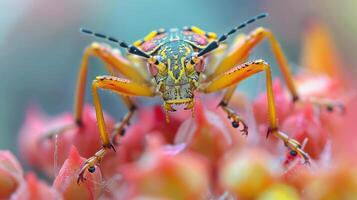 A close-up photo of a colorful insect, possibly a katydid or a grasshopper, sitting atop a vibrant pink flower with red and yellow petals.