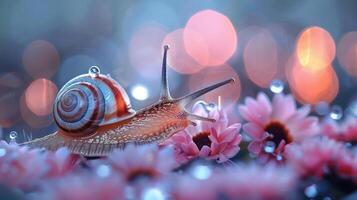 A close-up of a slug sitting on some flowers, with bokeh effect blur in the background. photo