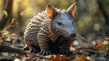 Close up of a horned reptile with intricate textures and patterns, possibly an alligator with unique spots. photo