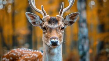 A close-up image of a deer looking directly at the camera with its antlers fully visible photo