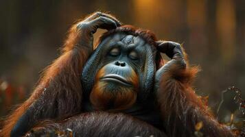 a photo of a monkey making a 'sorry, no ideas' gesture with its hands on the head.