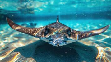 Close-up of a stingray underwater, with a clear view of its distinctive spiny body and barbs. photo