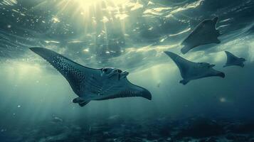 A group of sharks in the ocean, looking upwards at a surface. photo