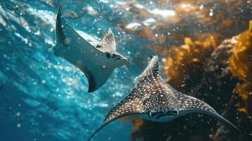 A captivating image of a group of stingrays swimming underwater, surrounded by coral and plants. photo