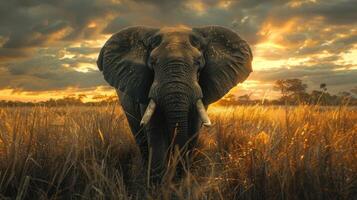 Stunning sunset in the background with an elephant silhouette standing tall amidst a field of golden grass. photo