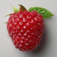 A close-up photo of a ripe red raspberry with small seeds visible and stem attached.