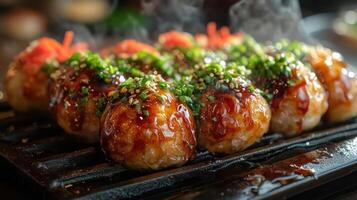 Grilled sushi with sauce and garnish. photo