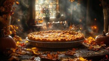 A cozy autumn scene featuring a pie being prepared on a table with fall foliage. photo