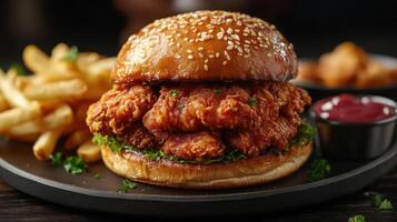 A delicious looking chicken sandwich accompanied by a side of fries. photo