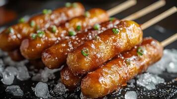 Delicious glazed donuts topped with powdered sugar photo