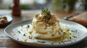 A delectable dish of Eggs Benedict with a side of artisan mashed potatoes, topped with herbs and garnished with pepper. The table has wooden surfaces and some condiments are visible. photo