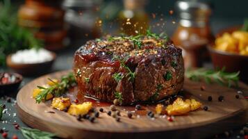 Cooked steak topped with herbs and spices on a wooden board. photo