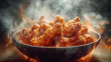 Fried chicken being cooked and ready to serve. photo