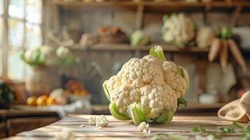 A close-up view of freshly harvested cauliflower florets on a wooden counter. photo