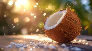 A coconut being opened near sunlit palm trees. photo