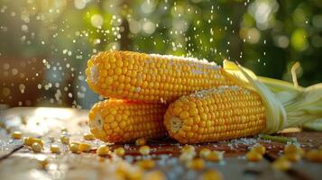 An array of yellow corn kernels resting on a wooden surface after being freshly ground. photo