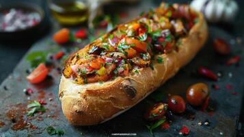 A delicious looking baguette with spices on top and tomatoes as toppings. photo