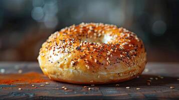 An appetizing sesame seed bagel garnished with a sprinkle of orange pepper. photo