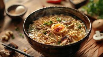 A close up photo of a bowl of ramen noodles with various toppings and condiments.