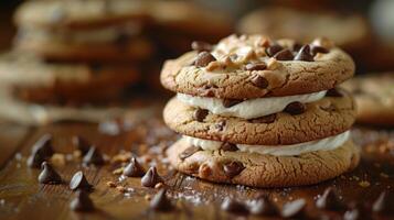 These chocolate cookies are not only tasty but also visually appealing with their layers of cookie and frosting stacked on top. photo