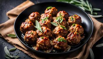 Pork stuffing meatballs with sage and onion in a black plate photo