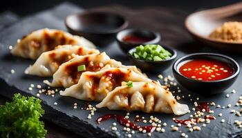 Steamed yaki Gyoza served on stone board with sweet chilli sauce and sesame seeds photo