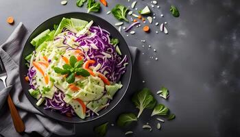 cabbage salad coleslaw vegetable healthy meal food snack food background keto or paleo diet. Top view salad bowl with copy space on grey background photo