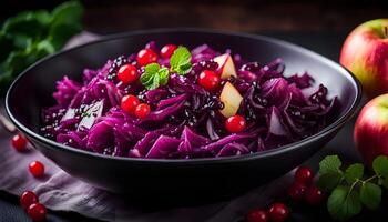 Braised Red Cabbage with apples and redcurrant in black bowl photo