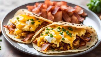 Breakfast tacos with hash browns, scrambled eggs, cheese and bacon photo