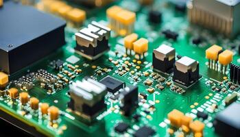 View of computer board with components and selective depth of field. photo