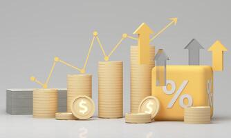 Yellow percentage block surrounded by coins and upward arrows symbolizes financial growth, increased investment returns, and positive economic trends. 3d rendering photo
