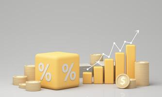 Yellow percentage block surrounded by coins and upward arrows symbolizes financial growth, increased investment returns, and positive economic trends. 3d rendering photo