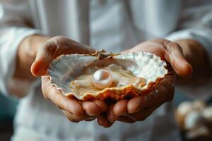 Close up of hands holding an open oyster shell with one large pearl symbolizing purity and elegance. Perfect for luxury themes, nature's treasures and special occasions. photo