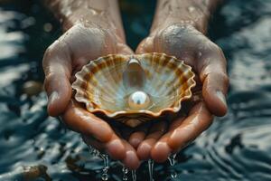 Close up of wet hands holding an open oyster shell with a shiny pearl inside surrounded by water droplets symbolizing beauty, nature and treasures of the sea. photo