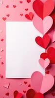 Vertical Valentine's Day card with red and pink hearts and blank white sheet of paper in the center for text of romantic messages or greetings. Love card template for heartfelt expressions photo