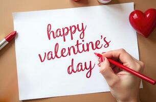Closeup of a hand writing Happy Valentines Day with a red marker on white paper, surrounded by a lipstick and a red heart. Perfect for love, romance, and Valentine-themed concepts photo