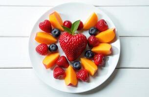 Fruits and berries are arranged on a white plate in the shape of a heart on a white wooden table. Valentine's Day, romantic breakfast. Top view food concept. photo