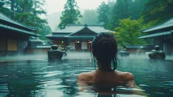 serene woman with wet dark hair relaxes in a traditional Japanese hot spring onsen surrounded by mist, lush greenery, and elegant architecture, creating a tranquil and rejuvenating ambiance photo