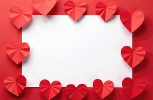 Valentine's Day mockup with red paper hearts on a red background and a blank white sheet in the center for romantic messages or greetings. DIY love card template for heartfelt expressions photo