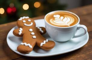 Gingerbread man decorated with white icing, cup of latte with art foam, festive background. Layout for bakeries, cafes and cafe shops. Seasonal baking with New Year and Merry Christmas photo