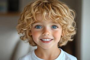 Smiling blond five year old boy looks handsome at camera. Cheerful and friendly atmosphere. photo