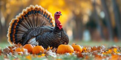 A big beautiful turkey sits among pumpkins in the fresh air. The atmosphere of an autumn holiday. photo