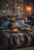 The bedroom is cozy with a bed covered in pillows of different designs, including solid colors and grid patterns. A checkered blanket drapes over the bed. photo