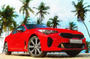 Red car on a background of palm trees. Stylish, modern, bright image of the car for design solutions. photo
